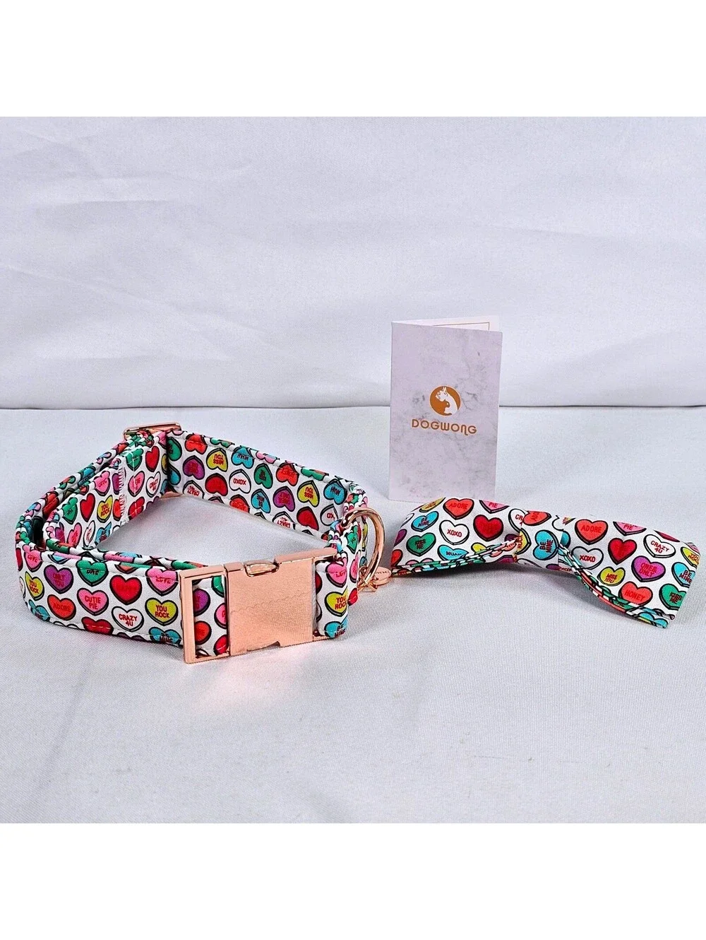 Dogwong Valentine Conversation Heart Dog Collar and Bow Tie Set Rose Gold Medium